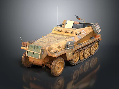 Sand Colored Military Half Track Armored Vehicle With Machine Gun Mount 3d model