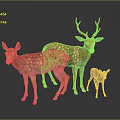 Three Spotted Deer Including Adult With Antlers And Fawn On Dark Background