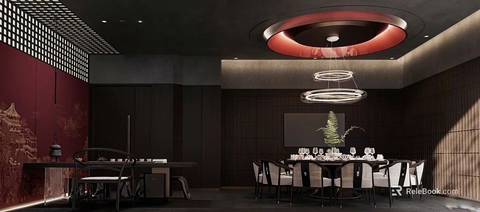 Modern Luxury Private Dining Room with Round Table Leather Seats Chandelier Dark Walls and Greenery 3d model 