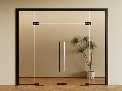 Modern Glass Double Doors With Black Frame And Metal Handles Near Potted Plant 3d model