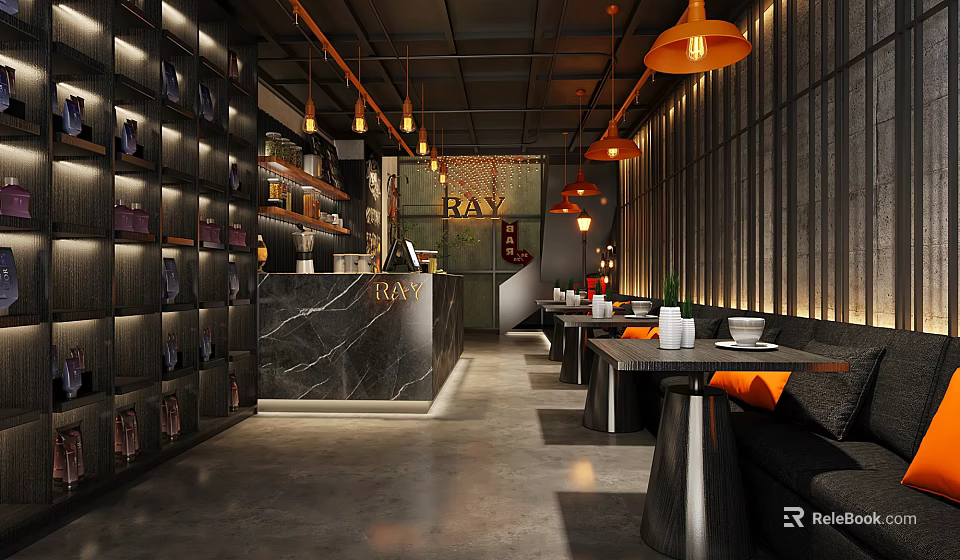 Modern Café Interior Design With Open Marble Bar Counter Black Seats And Orange Cushions 3d model 