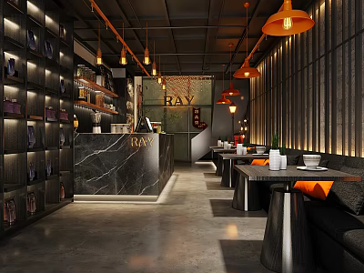 Modern Café Interior Design With Open Marble Bar Counter Black Seats And Orange Cushions 3d model