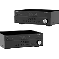 Two Black Home Audio Amplifiers With Control Knobs And Interface Ports Design For Stereo Use