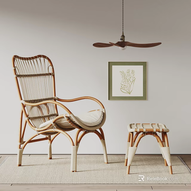 Rattan Lounge Chair With Stool Against White Wall Green Framed Plant Painting And Ceiling Fan 3d model 