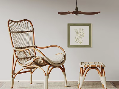 Rattan Lounge Chair With Stool Against White Wall Green Framed Plant Painting And Ceiling Fan 3d model