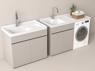 Modern Bathroom Vanity Cabinets With Double Sinks Washing Machine Basket And Potted Plant 3d model