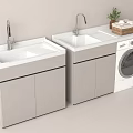 Modern Bathroom Vanity Cabinets With Double Sinks Washing Machine Basket And Potted Plant