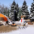 Snowy Winter Camping Site With Orange Tent Bonfire Snowman Pine Trees And Red Truck