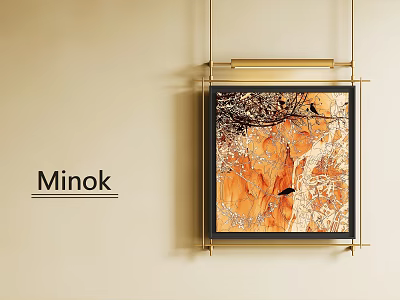 Botanical Painting with Golden Frame Featuring Branches on Orange Background Hanging on Beige Wall 3d model