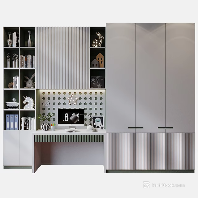 Modern Bookcase With Striped Panels Desk Computer Books And Decorative Items 3d model