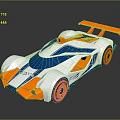 Streamlined Blue White and Orange Race Car with Orange Wheels and Rear Wing