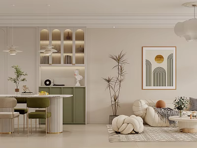 Elegant Modern Dining and Living Room Interior With Round Table Green Chairs Cabinets Sofa And Plants 3d model