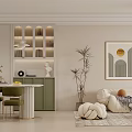 Elegant Modern Dining and Living Room Interior With Round Table Green Chairs Cabinets Sofa And Plants