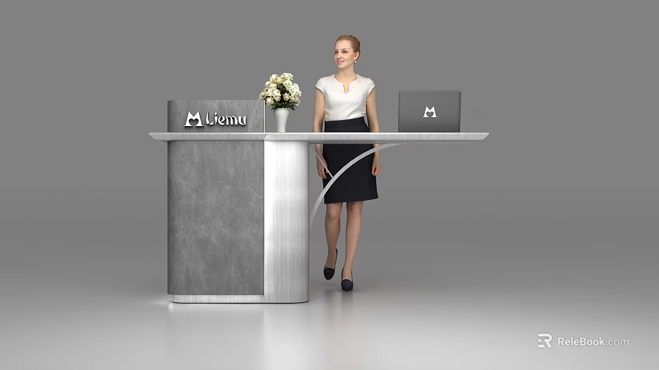 Modern Gray Reception Desk With Miond Logo Laptops And Flower Vase 3d model 