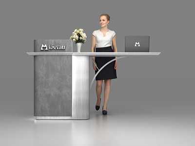 Modern Gray Reception Desk With Miond Logo Laptops And Flower Vase 3d model