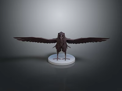 Black Bird Sculpture with Spread Wings on White Circular Base in Grey Background 3d model