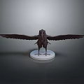 Black Bird Sculpture with Spread Wings on White Circular Base in Grey Background
