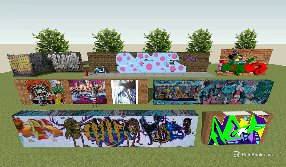 Vibrant Graffiti Feature Wall With Diverse Artistic Patterns And Green Trees 3d model