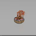 Traditional Architectural Structure In Bonsai Style With Red Orange Trees Round Base And Falling Leaves