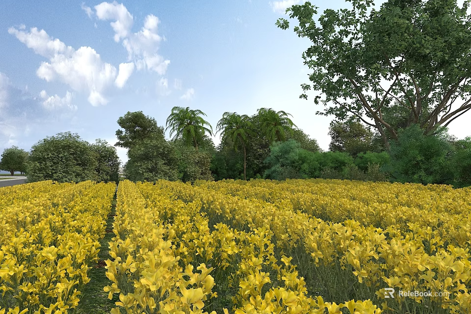 Garden Landscape Featuring Yellow Flower Field Lush Trees Bushes And Blue Sky With White Clouds 3d model 