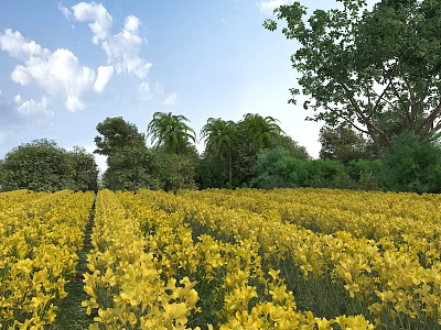 Garden Landscape Featuring Yellow Flower Field Lush Trees Bushes And Blue Sky With White Clouds 3d model