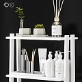 Organized White Shelving With Laundry Cleaning Supplies Storage Jars And Paper Rolls