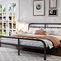 Double Bed With Metal Frame And Pillows In Bright Bedroom Wooden Floor And Natural Light