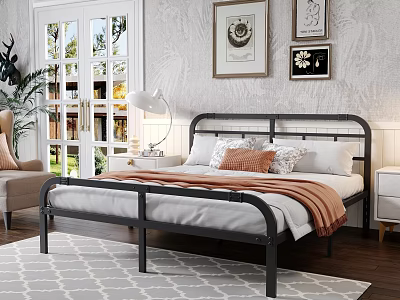 Double Bed With Metal Frame And Pillows In Bright Bedroom Wooden Floor And Natural Light 3d model