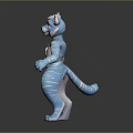 Blue And White Striped Anthropomorphic Feline Game Movie Character In Cartoon Style Standing Pose