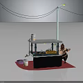 Street Food Stall Setup With Noodle Sign Cups Cooking Tools And Lamp Post Wires