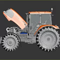 Orange Tractor With Open Hood Large Black Tires And Reflective Surface