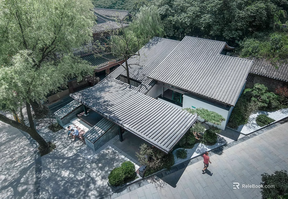 Traditional Modern Courtyard Architecture With Sloped Roof Green Trees And Pedestrian 3d model 