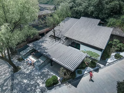 Traditional Modern Courtyard Architecture With Sloped Roof Green Trees And Pedestrian 3d model