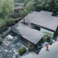 Traditional Modern Courtyard Architecture With Sloped Roof Green Trees And Pedestrian