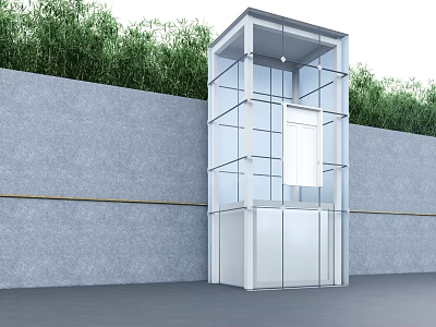 Modern Glass Elevator With Transparent Design Against Gray Wall And Green Vegetation 3d model