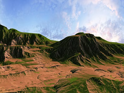 Natural Garden Landscape With Green Hillsides Brown Terrain And Blue Sky Clouds 3d model