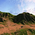 Natural Garden Landscape With Green Hillsides Brown Terrain And Blue Sky Clouds