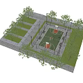 Outdoor Basketball Court With Fenced Area Two Hoops Green Surface Trees And Paved Walkway