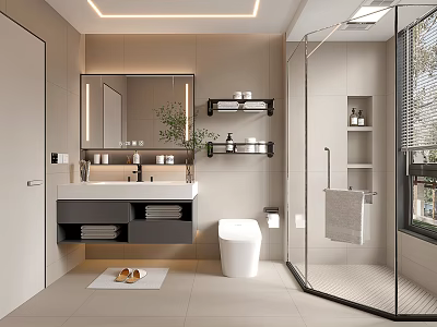 Modern Bathroom Interior With Wall Mounted Vanity Glass Shower Storage Shelves And Green Plants 3d model