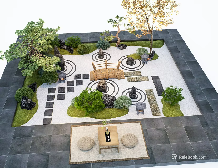 Japanese Zen Courtyard Garden with Circular Patterns Stone Lanterns Trees Shrubs and Stone Table 3d model 