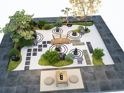 Japanese Zen Courtyard Garden with Circular Patterns Stone Lanterns Trees Shrubs and Stone Table 3d model
