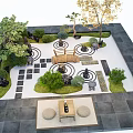 Japanese Zen Courtyard Garden with Circular Patterns Stone Lanterns Trees Shrubs and Stone Table