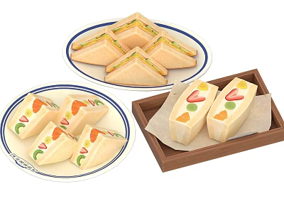 Fresh Triangle Sandwiches and Rectangular Fruit Rolls on Plates and Wooden Tray 3d model
