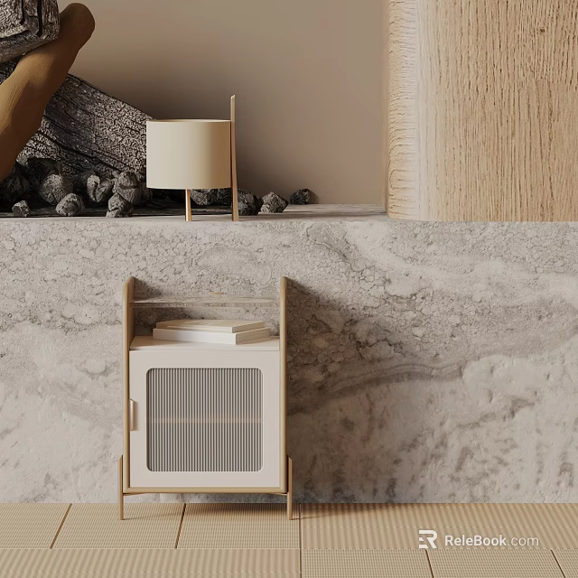 Minimalist Wooden Side Table With Books And Table Lamp On Marble Wall Background 3d model 