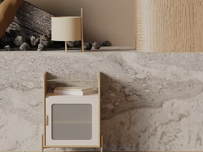 Minimalist Wooden Side Table With Books And Table Lamp On Marble Wall Background 3d model