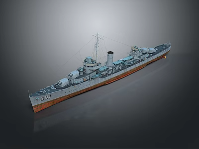 Warship As Water Transport With Detailed Deck Mast And Chimney Structure 3d model