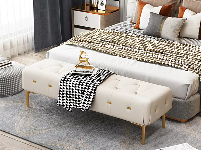 Elegant Modern Cream Leather Bench With Golden Legs And Checkered Blanket In Bedroom 3d model