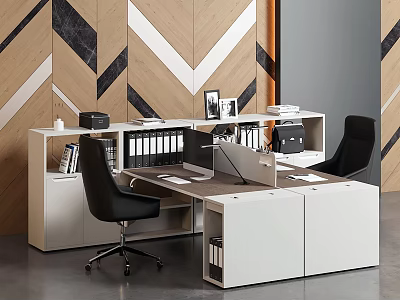 Modern Office Desk Setup With White Cabinets Black Chairs Desktop Items And Wooden Geometric Wall 3d model