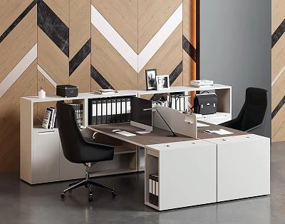 Modern Office Desk Setup With White Cabinets Black Chairs Desktop Items And Wooden Geometric Wall 3d model