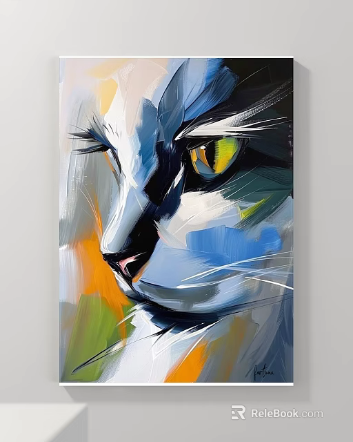 Animal Painting Abstract Cat Portrait With Yellow Eyes And Vibrant Oil Colors 3d model 